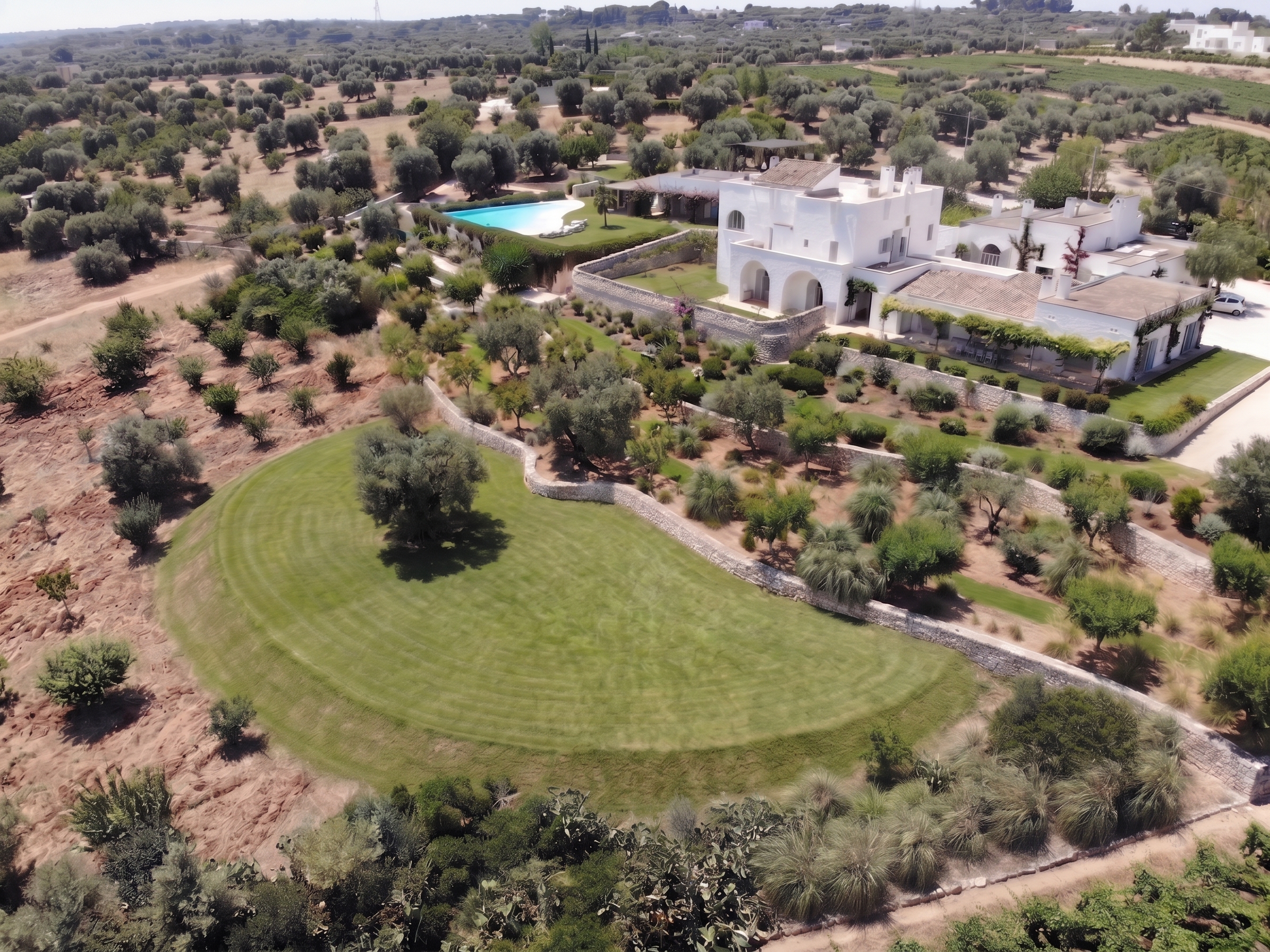 An aerial view across Petrarolo’s lawn, gardens and historic Masseria