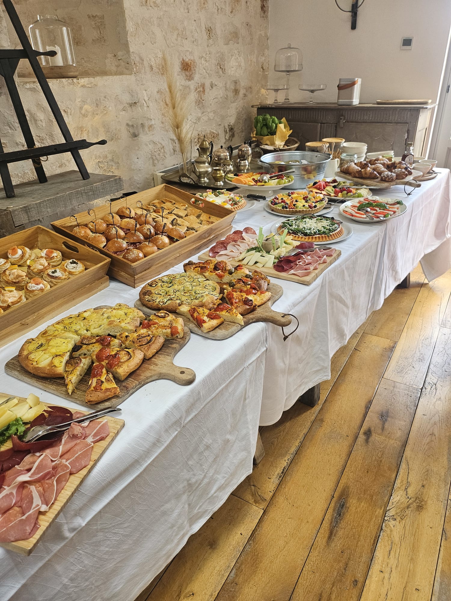 Focaccia, fruit and pastries at Petrarolo brunch